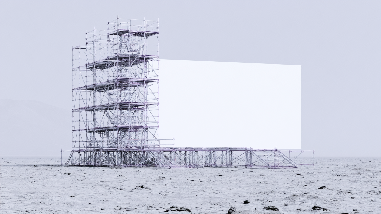A scaffolding tower beside a large blank white billboard in a barren wasteland